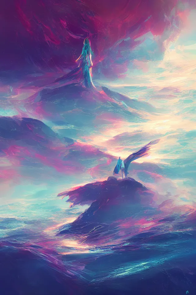 Image similar to the lightning queen over the sea, Abstract expressionism tranquil art, by Yoshitaka Amano and Alena Aenami, Trending on Artstation, nvidia, matte painting