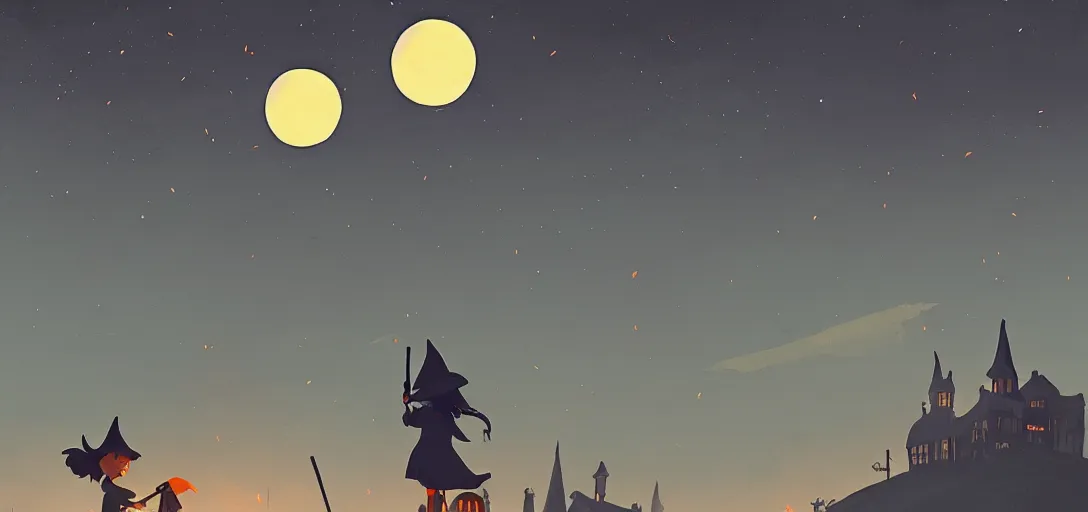 Prompt: witch girl riding a broom, full moon in the background, orange city lights seen in the far view, in the style of atey ghailan, highly detailed, cinematic