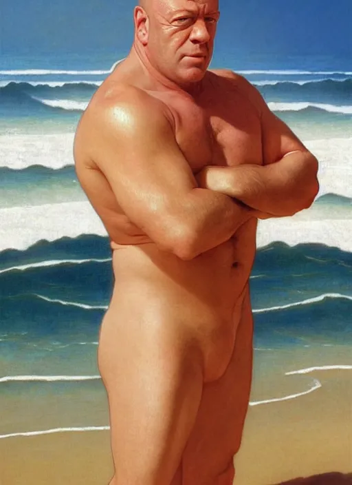 Prompt: portrait Dean norris as sea lifeguard on the beach, full length shot, shining, 8k highly detailed, sharp focus, illustration, art by artgerm, mucha, bouguereau