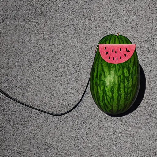 Image similar to steve jobs presenting apple's new product, a watermelon with a propeller on it