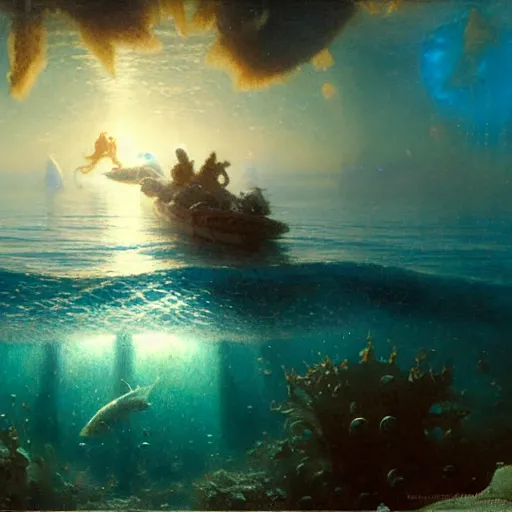 Image similar to point of view of deep in the ocean looking up, you see fishes, higher up you see the splendorous milk way illuminating the sea. highly detailed painting by gaston bussiere, greg rutkowski 8 k