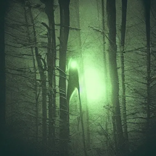 Image similar to grainy trail cam photo still of an alien in the woods at night hiding in the trees of a forest