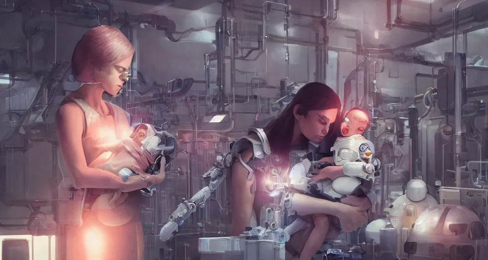 Prompt: a very very very very very very realistic still of a woman holding a newly born cyborg baby in a cyborg factory, rendered by beeple, by makoto shinkai, syd meade, starwars, space art concept, sci - fi, digital art, unreal engine, wlop, trending on artstation, 4 k uhd image, octane render