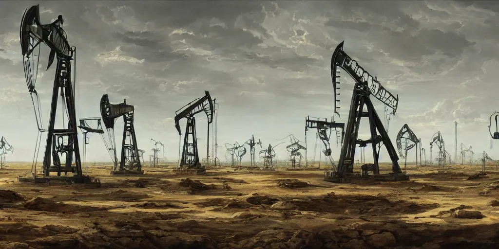 Prompt: hyper detailed digital matte painting of numerous futuristic oil pump jacks, sprawling across empty and parched landscape, by francisco goya, chernobyl style industrial green matte, hypermaximalist, behance hd, a masterpiece, artstation, nightcafe, unsettling, mysterious, odd, by stephan martiniere and alexander fedosav