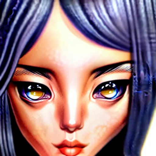 Image similar to depicting an extreme close up face of a dainty young truant female stoner prep highschool school student with medium length silky straight iridescent black hair and lightly suntanned skin, illustrated by Artgerm and Range Murata.