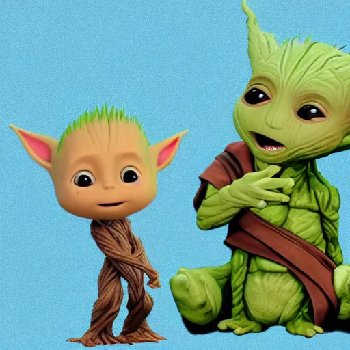 Image similar to baby groot and baby yoda having fun playing games, highly detailed