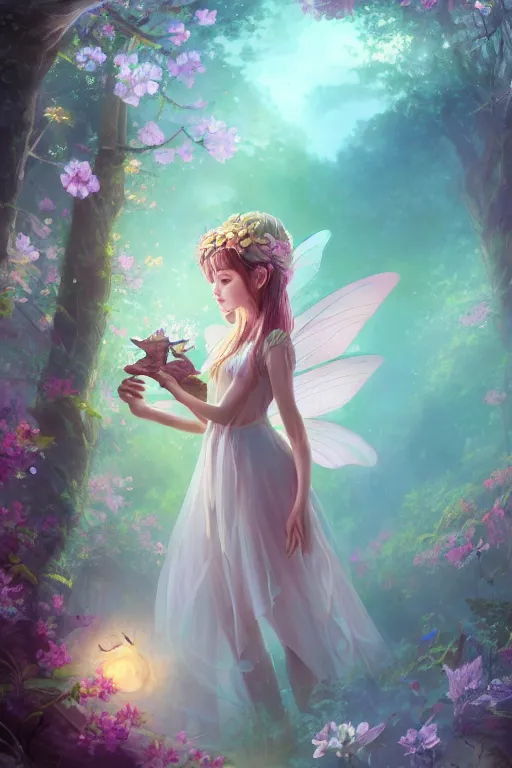 Image similar to a cute and geogerous fairy in the dreamy forest, fantasy, dreamlike, 8 k resolution, hyper detailed, d & d, character design, digital painting, trending on artstation, sharp focus, illustration, art by viktoria gavrilenko, hoang lap, fuji choko, steve zheng,