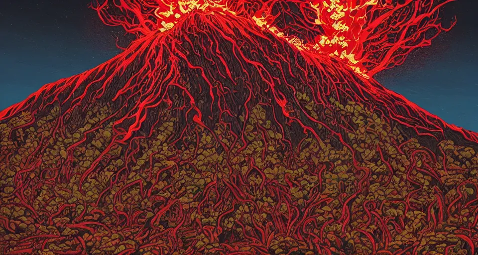 Prompt: a volcano made of ivory vines and crimson rocks enters in eruption, it spits a smoke in the shape of demonic eye, by Dan mumford,