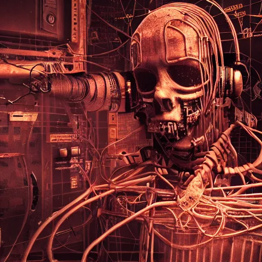 Image similar to a dark cyberpunk dream of wires broken skulls skin cybernetic machines and decay, moody, hyperrealism, 8 k photo, atmospheric