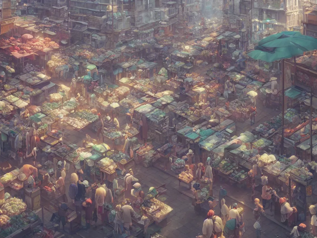 Prompt: A highly detailed matte painting of busy market by Studio Ghibli, Makoto Shinkai, by Artgerm, by WLOP, by Greg Rutkowski, volumetric lighting, octane render, 4K resolution, trending on artstation, masterpiece