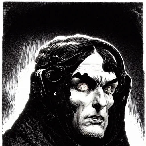 Image similar to portrait dramatic light, by bernie wrightson and simon bisley and joe fenton, inspired victorian sci - fi, etching, fine, sharp high detail, duotone screen print,