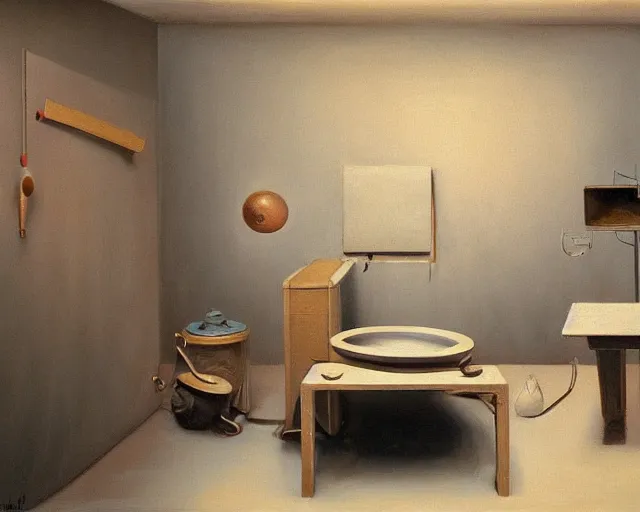 Image similar to a painting of a confusing minimalistic room with a few unusual artifacts, an airbrush painting by breyten breytenbach, cgsociety!, neo - primitivism