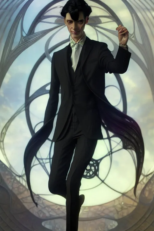 Image similar to ultra realistic, thin man in expensive stylish modern suit, black hair, occult jewelry, fantasy, intricate details, eerie, highly detailed, octane render, 8 k, art by artgerm and alphonse mucha and greg rutkowski