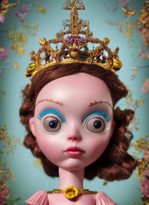 Image similar to closeup face profile portrait of a tin toy fairytale princess wearing a crown eating cakes, bikini, depth of field, zeiss lens, detailed, symmetrical, centered, fashion photoshoot, by nicoletta ceccoli, mark ryden, lostfish, breathtaking, 8 k resolution, extremely detailed, beautiful, establishing shot, artistic, hyperrealistic, octane render