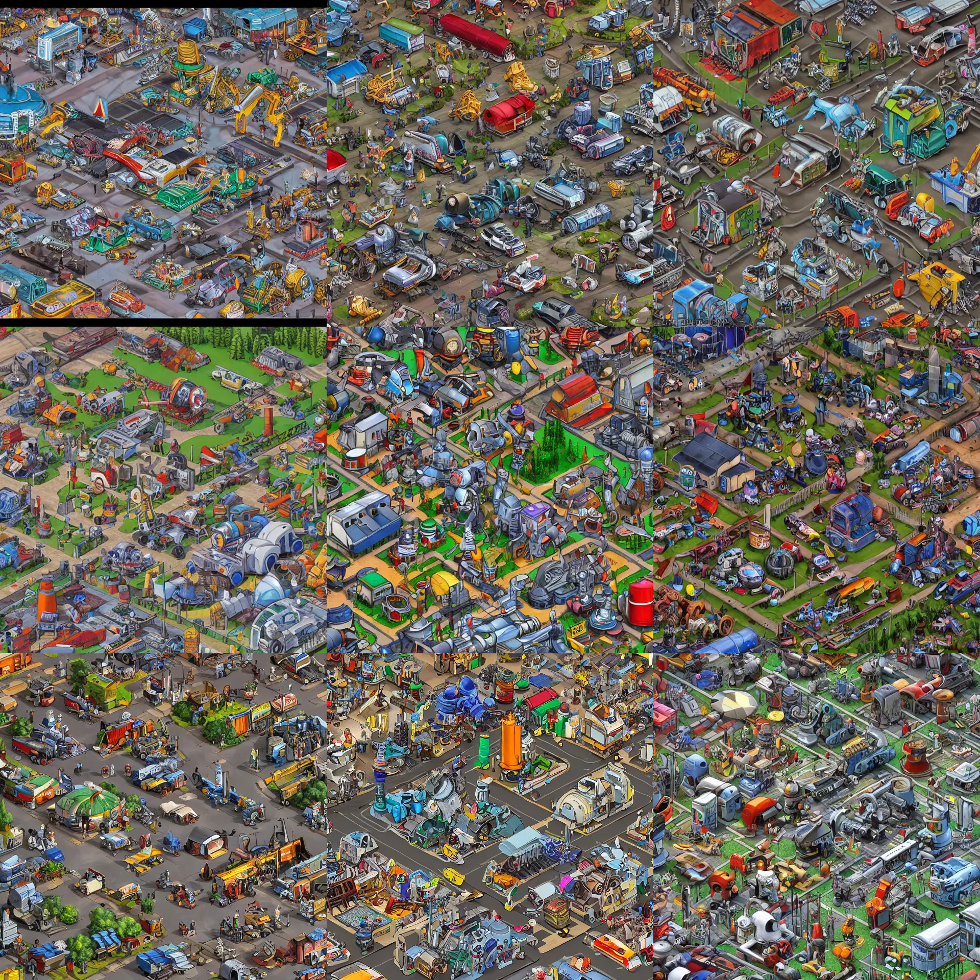 Prompt: close up, detailed, isometric view of a junk yard full of robots and robot parts, from a lucasarts point and click 2 d graphic adventure game, art inspired by thomas kinkade