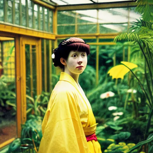 Image similar to Photograph. Film still. of a young woman!!! wearing a yellow kimono in a tropical greenhouse, by Carl Larsson Extremely detailed. 4K. 35 mm lens