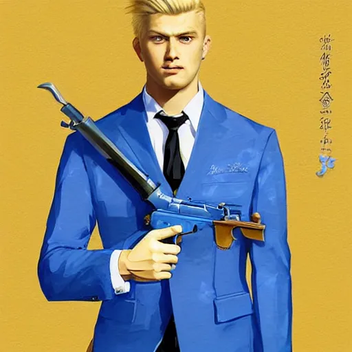 Image similar to artgerm portrait painting of a blond man in a blue suit with a sword and a pistol, asymmetrical, profile picture, organic painting, sunny day, matte painting, bold shapes, hard edges, street art, trending on artstation, by huang guangjian, gil elvgren, ruan jia, randy vargas, greg rutkowski