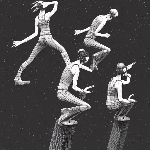 Image similar to rpg character concept art, three cyborgs doing acroyoga while floating in cosmic space, intricate detail, in the style of jamie hewlett kawase hasui riyoko ikeda, 3 d render, artstation trending, 8 k, octane render, photorealistic, sharp detail, manga, black and white