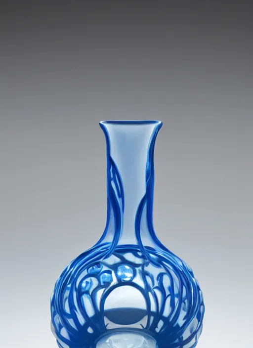Image similar to Vase in the shape of a mushroom, with blue accents, designed by Rene Lalique