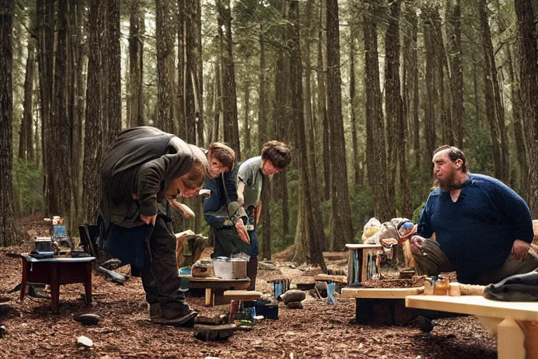 Image similar to movie scene portrait closeup, real life team of chubby elves building a tiny house in the forest natural lighting by emmanuel lubezki