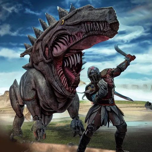 Image similar to Ragnarok with vikings fighting cyborg dinosaurs