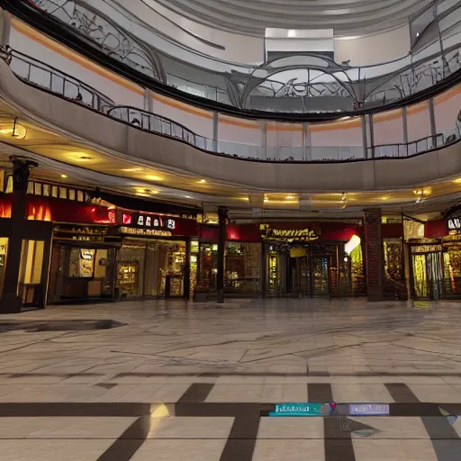 Prompt: empty mall at night, realistic, highly detailed, hd, unreal engine, guillermo del toro