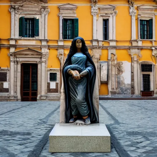 Image similar to A marble sculpture of The Mona Lisa in the middle of an empty Italian piazza, golden hour, 8k photograph, sunny day, low angle