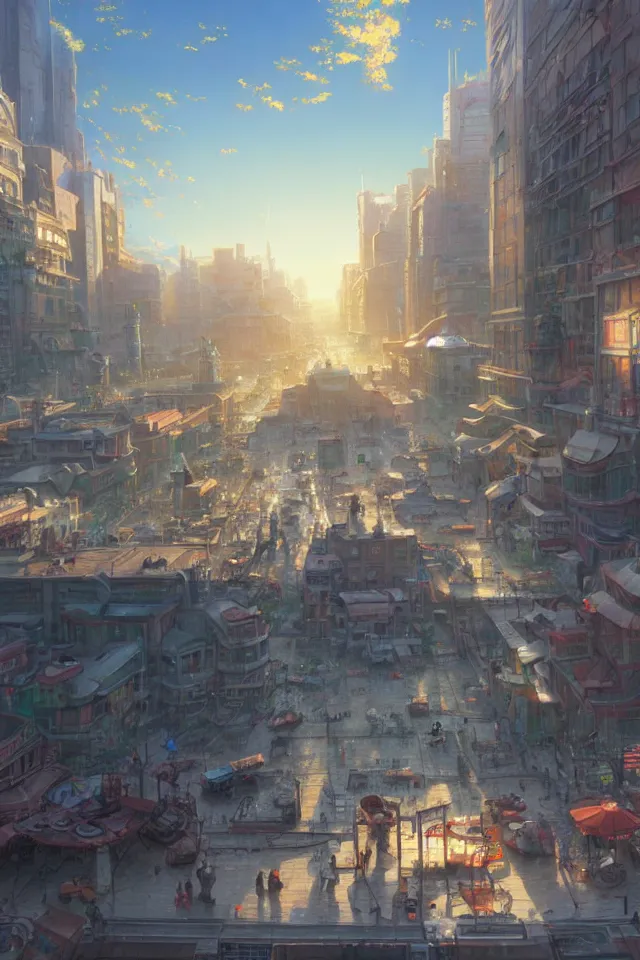 Prompt: detailed 8 k render of repairing mechs on the square in the noon by makoto shinkai and thomas kinkade and brian sum and jean giraud, matte painting, sunlit, trending on artstation