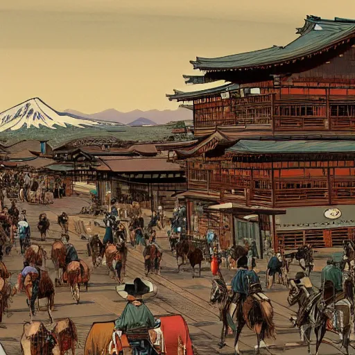 Image similar to Sprawling view of american Western Cowboy Town with Edo Period Japan design; trending on Artstation