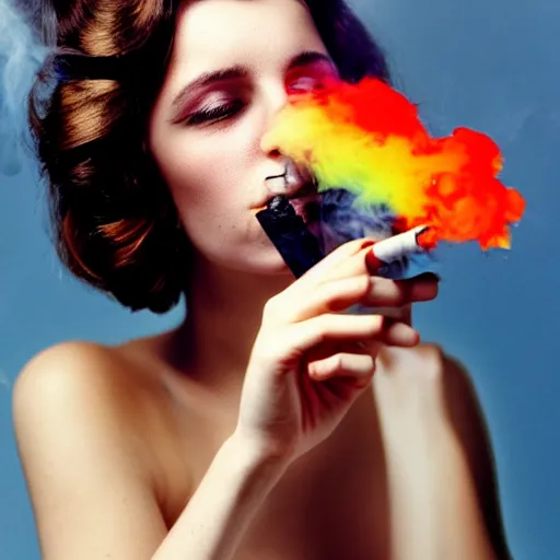 Image similar to a beautiful white skinned brunette smoking a cigarette. Billowing multicolored smoke. Medium format close-up publicity shot.