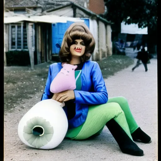 Image similar to 1976 glamorous middle aged woman wearing a transluscent inflatable toy head in a small European village 1976 French film archival footage technicolor film expired film 16mm Fellini new wave John Waters movie still