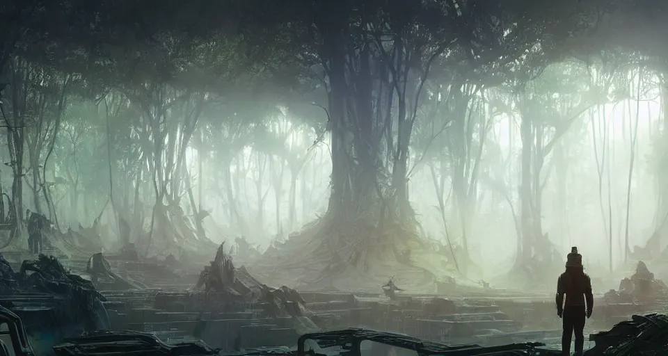 Prompt: Cyber space forest scene, Giant Aztec space city, volumetric light, fog, dusk lighting, intricate details ,by denis villeneuve, Ridley Scott, Greg Rutkowski and Alphonse Mucha