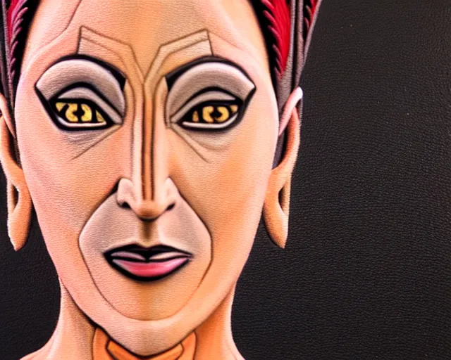 Prompt: realistic painting of the bajoran kira nerys from star trek, three quarter shot, medium close - up, f 1. 4, 3 5 mm