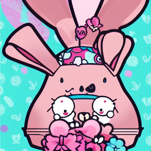 Image similar to amazingly detailed vector art, anthropomorphic pink rabbit character wearing a black bucket hat. Cute, kawaii, Cooky, bt21, Sanrio inspired. Beautiful artwork, Rabbt_character, rabbit_bunny, 獣, iconic character splash art, Detailed fur, detailed textures, 4K high resolution quality artstyle by artgerm, Guweiz, Pixiv, Instagram, dribbble, ArtstationHD