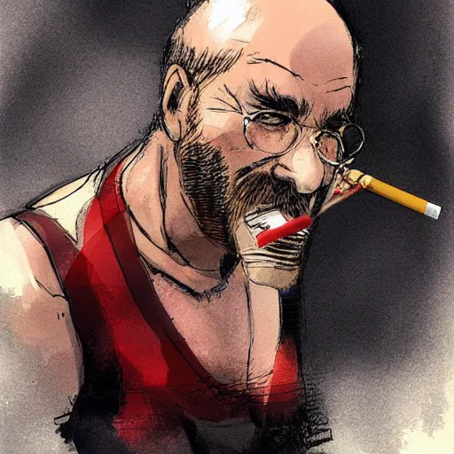 Image similar to concept art for a balding middle - aged character wearing a singlet while smoking, by dustin nguyen, akihiko yoshida, greg tocchini, trending on artstation, 8 k