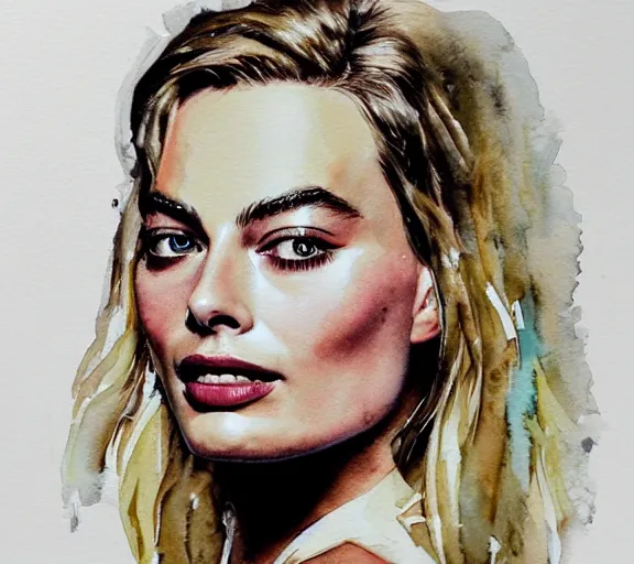 Image similar to A portrait of margot robbie, watercolor art, highly detailed, trending on artstation