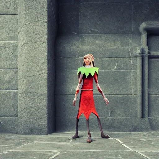 Image similar to an elf is standing next to a wall, hyper detailed, octane render, photorealistic