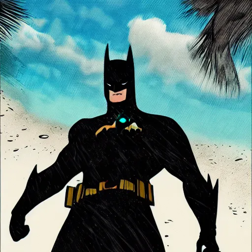 Prompt: batman at the beach swimming in the sea, comic art style, digital art, highly detailed, art station, photo realistic