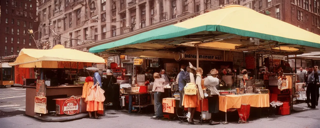 Image similar to medium shot, spaghetti food stand in downtown nyc, kodachrome, in the style of wes anderson, retro