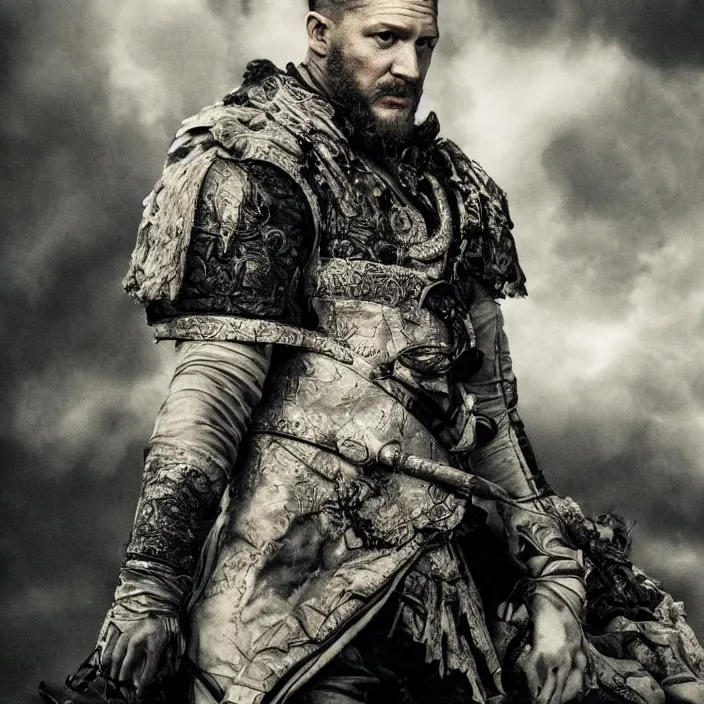 Image similar to professional photographic portrait of tom hardy as machiavel vanquished enemies strewn over the ground, renaissance style, fine art piece, incredible detail, vray rendering, high octane,