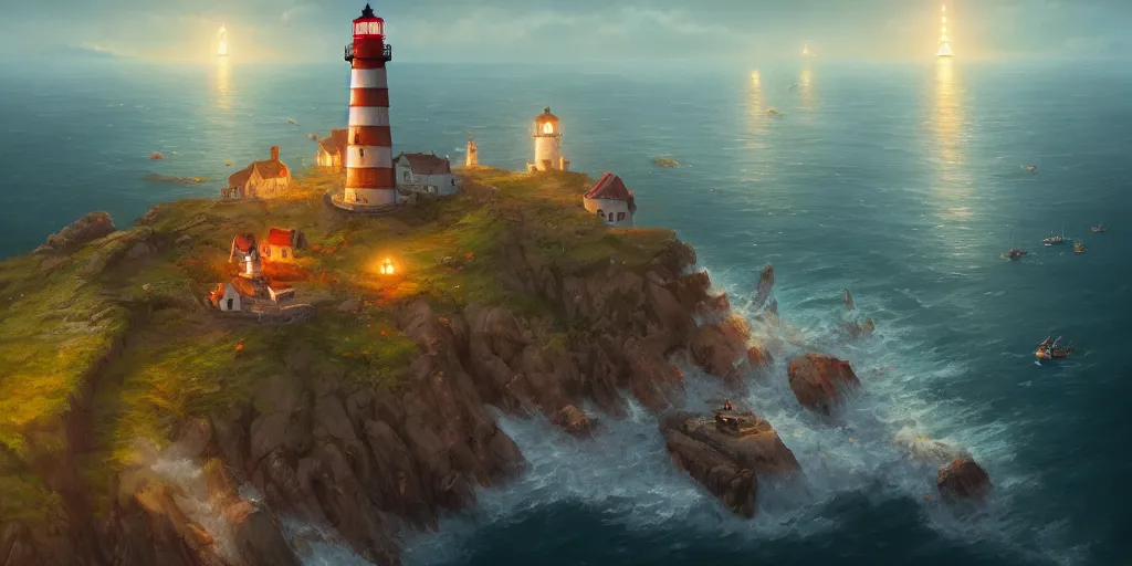 Prompt: Small fantasy village on a cape with a lighthouse, fishing boats, view from above. In style of Greg Rutkowski, Jesper Ejsing, Makoto Shinkai, trending on ArtStation, fantasy, great composition, concept art, highly detailed, scenery, 8K, Behance.