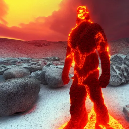 Image similar to a lava man on a winter biome, heatwave, golden hours, fantasy, golden ratio, hyper realism, behance, artstation, unreal engine 5, octane, deviantart
