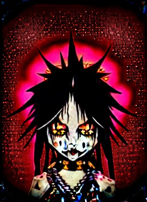 Image similar to baroque bedazzled gothic royalty frames surrounding a pixelsort emo demonic horrorcore japanese yokai doll, low quality sharpened graphics, remastered chromatic aberration spiked korean bloodmoon sigil stars draincore, gothic demon hellfire hexed witchcore aesthetic, dark vhs gothic hearts, neon glyphs spiked with red maroon glitter breakcore art by guro manga artist shintaro kago