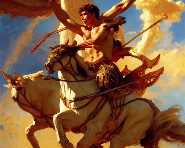 Image similar to attractive apollo greek god, riding his fire chariot. highly detailed painting by gaston bussiere, craig mullins, j. c. leyendecker 8 k