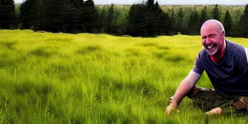 Prompt: a scotsman being happy in a meadow