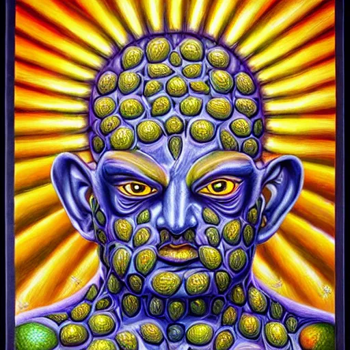 Prompt: Alex Grey painting of a lemon god, highly detailed, symmetrical, trending on artstation