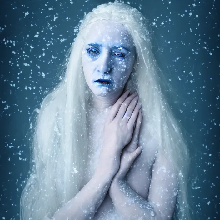 Prompt: a sickly looking woman dying of hypothermia, with very white skin and pale blue hair wearing a long white dress made out of snowflakes in the middle of a heavy snowstorm. blue lips. full body digital portrait by maromi sagi