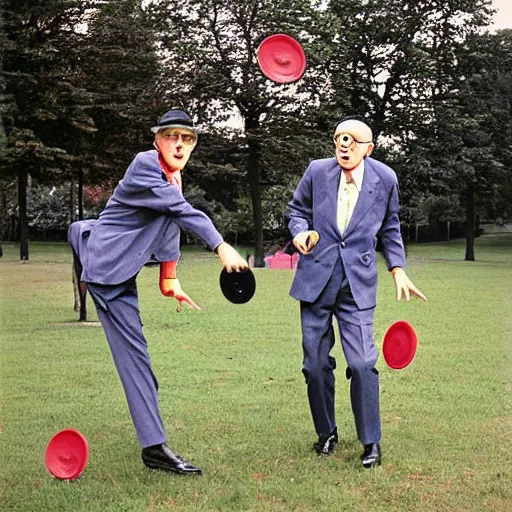 Image similar to gilbert and george playing with frisbees, in the park, where's wally