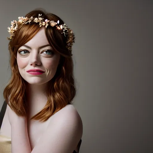 Prompt: emma stone with jewellary and flower crown, sensual, beautiful soft light failling on her face, studio photography, nikon 3 5 mm portrait photography, ultra realistic