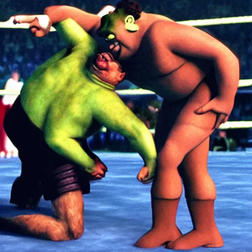 Image similar to shrek vs andre the giant at wrestlemania 8, dramatic lighting, 8k